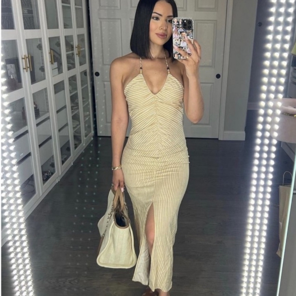 Zara Beige Striped Midi Dress